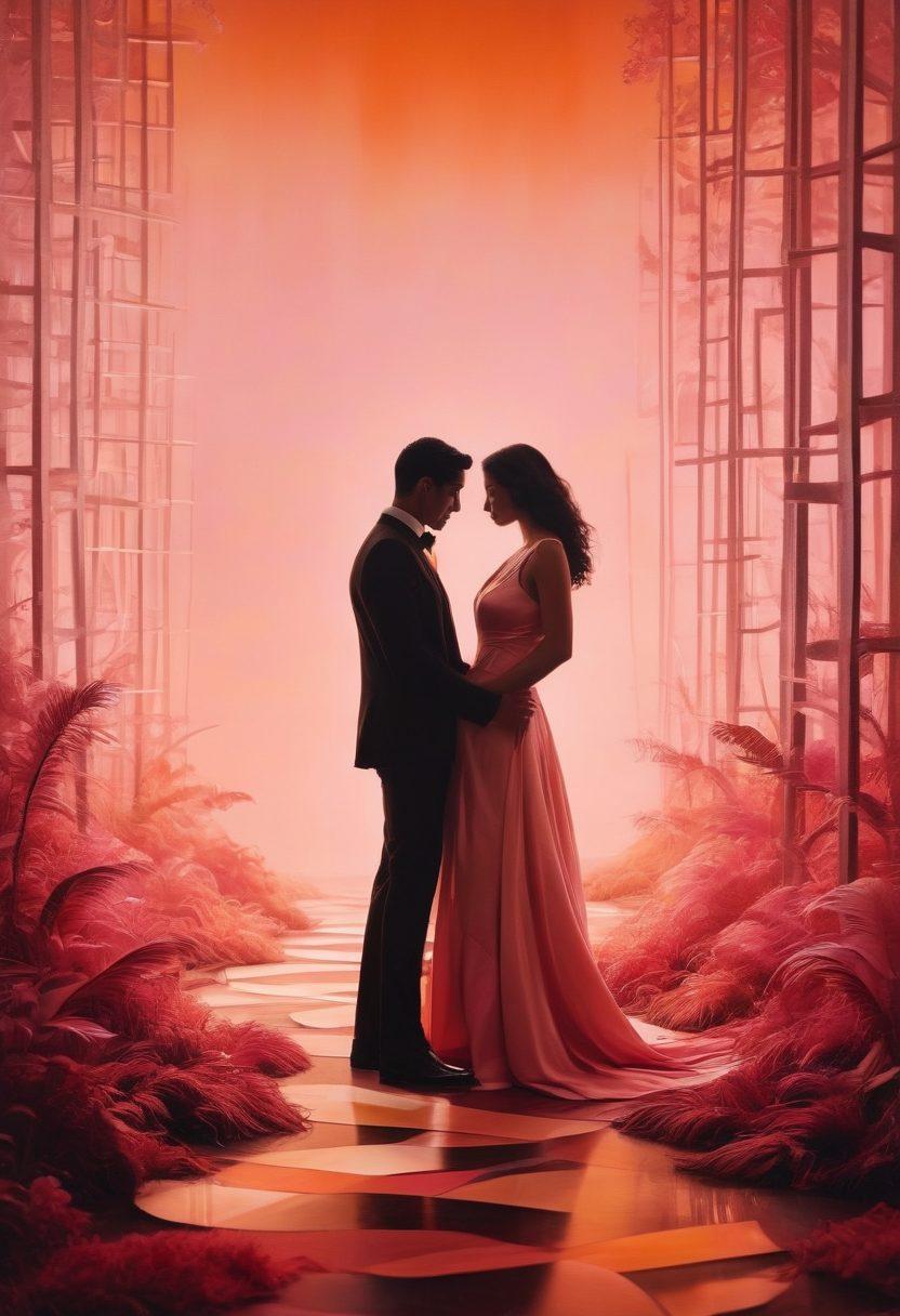 An abstract representation of a sensual journey, featuring a maze of intertwining paths symbolizing desires, topped with alluring silhouettes of diverse couples exploring intimacy. The backdrop is a blend of soft, warm hues, hinting at both mystery and allure, with elements like film reels and masks subtly integrated. Emphasize a dreamlike quality to invite curiosity and exploration. vibrant colors. surrealism. intimate atmosphere.